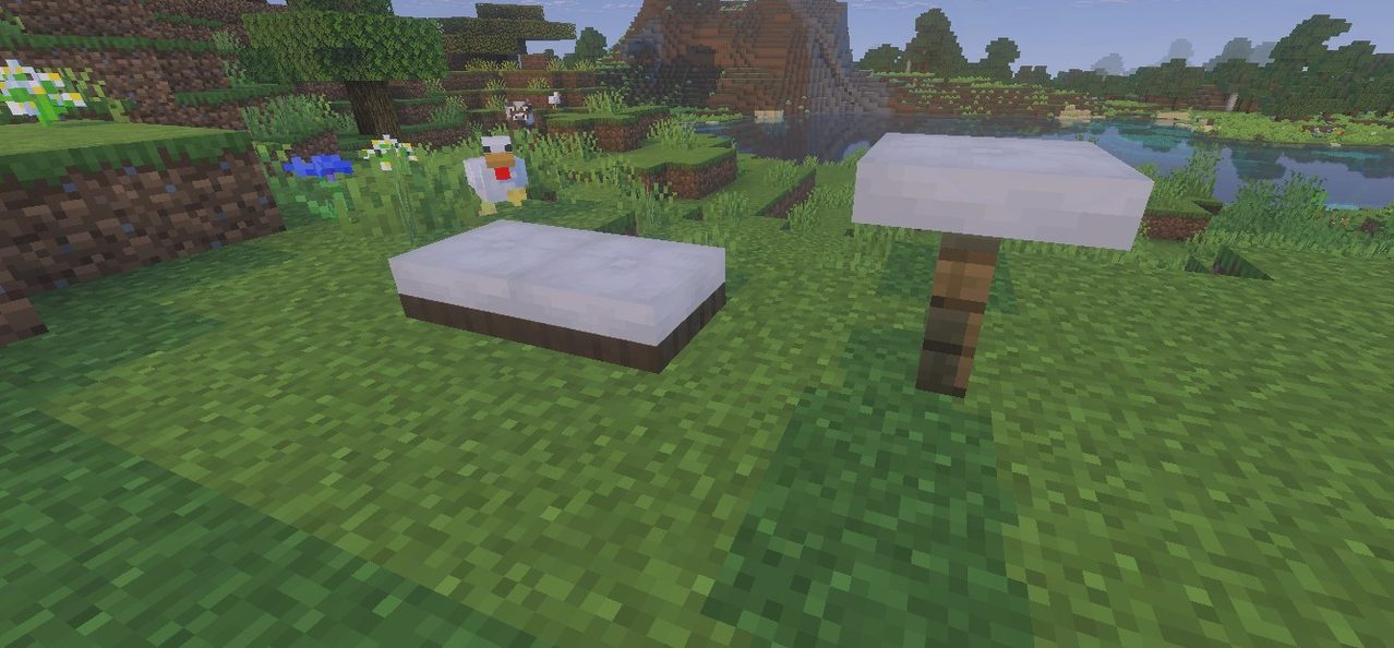 マイクラでトラップドアやフェンスの上にクッションを置いて作ったベンチといす